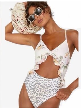 P2F Floral & Leopard Cutout One-Piece Swimsuit - Pink & Gray in size M